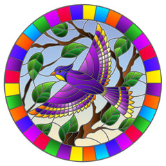 Illustration in the style of stained glass with a beautiful purple bird  on a  background of branch of tree and sky,oval image in bright frame