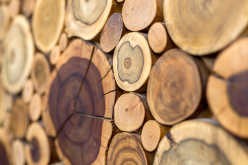Perspective view of round wooden unpainted solid natural ecological soft colored brown and yellow...