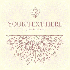 Vintage invitation card with mandala ornament. Template frame design for card. Can be used for packaging, invitations, Valentine's Day decoration, bag template. Frame and place for text