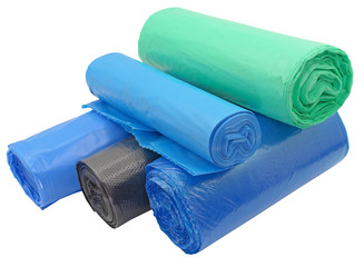 rolls of plastic packages for garbage on white