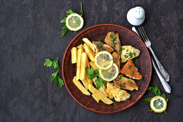 Fried perch fillet with fries on a brown clay plate. Top view, copy space