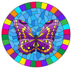 Illustration in stained glass style with bright purple butterfly on blue background, oval picture in bright frame