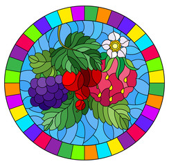 Illustration in stained glass style with ripe berries and leaves on a blue background, oval image in bright frame
