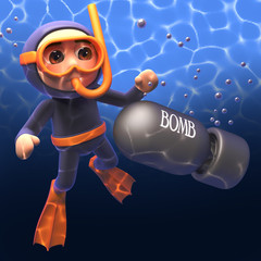 Scuba diver discovers unexploded bomb under the sea, 3d illustration