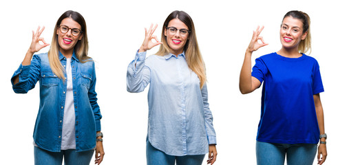 Obraz premium Collage of young beautiful woman wearing glasses over isolated background smiling positive doing ok sign with hand and fingers. Successful expression.