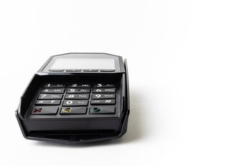 Pos terminal on a white background. Banking equipment. Acquiring. Acceptance of bank credit cards. Contactless payment.	NFC.