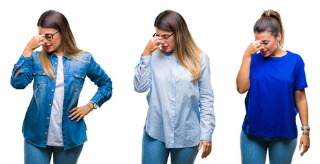 Fototapeta premium Collage of young beautiful woman wearing glasses over isolated background tired rubbing nose and eyes feeling fatigue and headache. Stress and frustration concept.