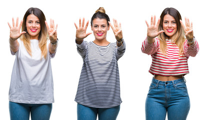 Collage of young beautiful woman over isolated background showing and pointing up with fingers number nine while smiling confident and happy.