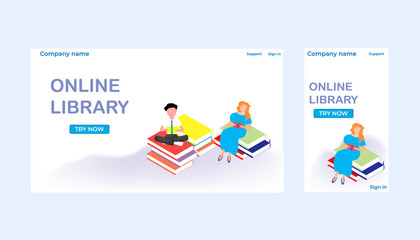 Flat design concept online books store. Landing page of ebook reading company or online library. Vector illustrate.