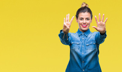 Young beautiful woman over isolated background showing and pointing up with fingers number nine while smiling confident and happy.