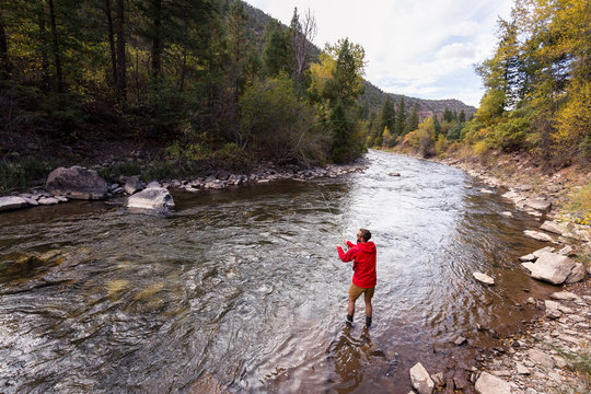 San Miguel River, near Telluride, Colorado, USA: A male fly fischer.