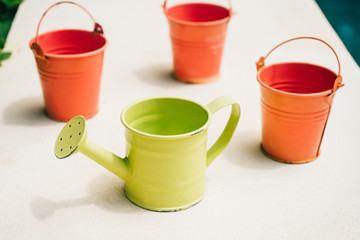 Colorful watering cans and buckets for plants in garden near pool