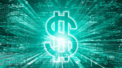 Bright US dollar sign on night city background.
