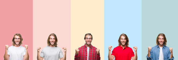 Fototapeta premium Collage of young handsome man over colorful stripes isolated background celebrating surprised and amazed for success with arms raised and open eyes. Winner concept.
