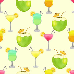 Beautiful Watercolor Summer Seamless Pattern Beach Drink
