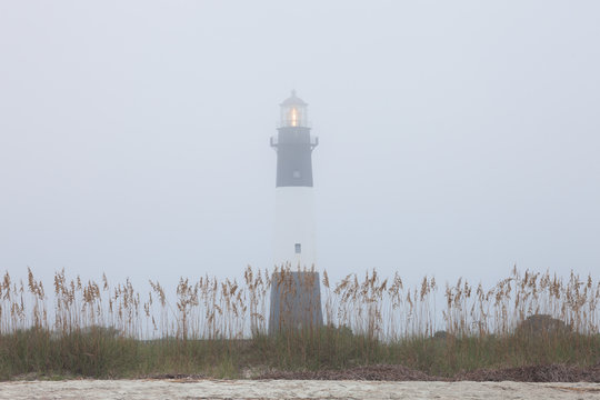 Lighthouse at foggy morning, Tybee island, USA