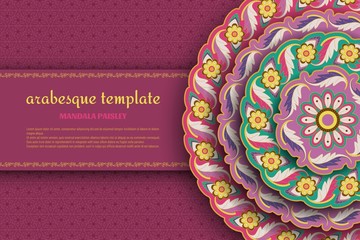 Purple arabesque floral pattern with paisley and mandala. Flower and leaves patterns. Vector illustration.
