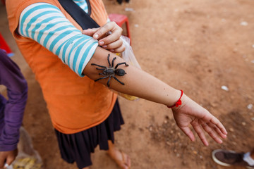 A child shows off a tarantula at a market near Siem Reap, Cambodia.
