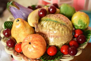 cherry, eggplant, pear, apple, dish, background, multicolored, purple, yellow, red, decor, decoration, artificial, man-made, made, false, simulated, element, interior, design, interior design, element