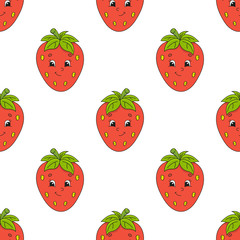 Happy strawberry. Colored seamless pattern with cute cartoon character. Simple flat vector illustration isolated on white background. Design wallpaper, fabric, wrapping paper, covers, websites.