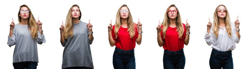 Collage of young beautiful blonde woman over isolated background amazed and surprised looking up and pointing with fingers and raised arms.