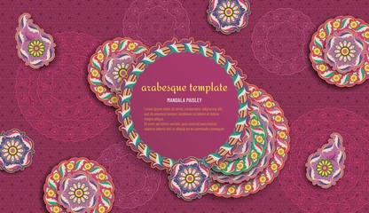 Purple arabesque floral pattern with paisley and mandala. Flower and leaves patterns. Vector illustration.