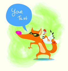 Cute cartoon fox with stolen chicken. Vector. design
