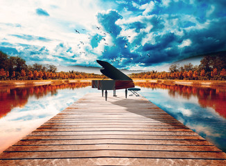 Fototapety  Fortepian w naturze Surrealistyczny krajobraz drzew i jeziora Zrelaksowana i spokojna koncepcja muzyki fortepianowej