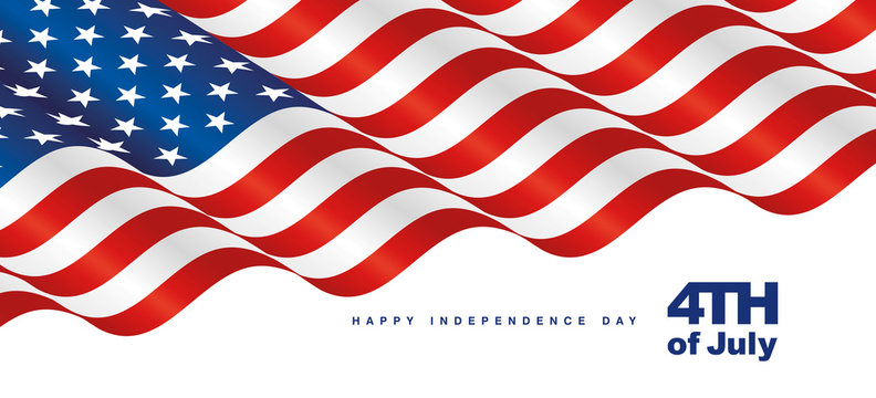 Happy 4th July USA waving flag blue red white background banner