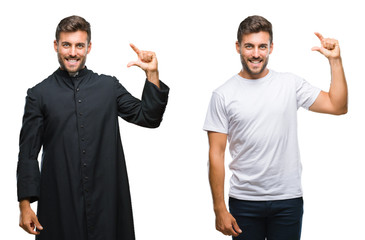 Collage of handsome young man and catholic priest over isolated background smiling and confident...