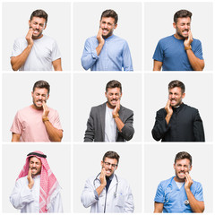 Fototapeta premium Collage of young doctor arab business man isolated background touching mouth with hand with painful expression because of toothache or dental illness on teeth. Dentist concept.
