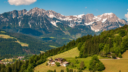 Fototapeta na wymiar Beautiful alpine view with the famous Wilder Kaiser mountains at Söll - Tyrol - Austria