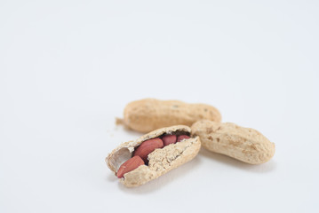 Color photo of peanuts on an isolated white background with room for copy.