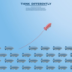 Think differently concept. Be different. Red zeppelin changing direction. New idea, change, trend, courage, creative solution, innovation and unique way concept. © madedee