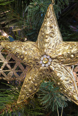 Color photo of a gold and white holiday ornament as it hangs on a tree. It is shaped as a star.