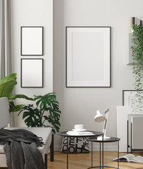 Mock up poster frame in interior background, scandinavian style, 3D render