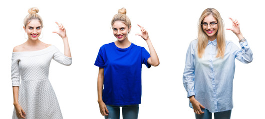 Obraz premium Collage of young beautiful blonde woman over isolated background smiling and confident gesturing with hand doing size sign with fingers while looking and the camera. Measure concept.