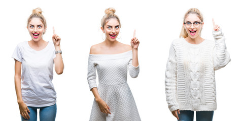 Collage of young beautiful blonde woman over white isolated background pointing finger up with successful idea. Exited and happy. Number one.