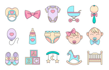 Hand drawn cartoon vector icons set for creating infographics related to children and babies , like pacifier, romper suit, baby buggy, diaper and crib