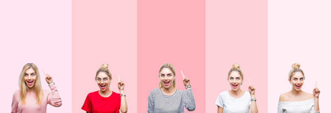 Collage of young beautiful blonde woman over vivid colorful vintage pink isolated background pointing finger up with successful idea. Exited and happy. Number one.