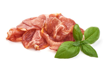 Prosciutto meat, Traditional smoked jamon, close-up, isolated on white background