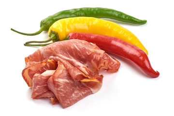 Prosciutto meat, Traditional smoked jamon, close-up, isolated on white background