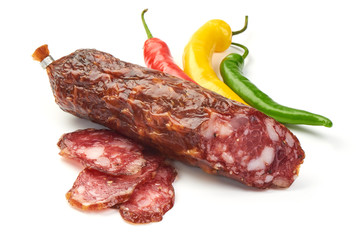 Smoked sausage, Italian dry meat, close-up, isolated on white background