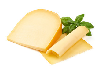 Hard Dutch gouda cheese, close-up, isolated on white background