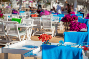 View of restaurant or cafe and bougainvillea flowers on beach in Gumusluk, Bodrum city of Turkey. Aegean seaside style colorful chairs, tables and flowers in Bodrum town near beautiful Aegean Sea.