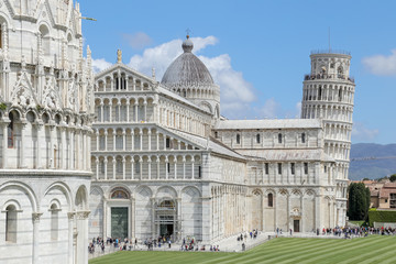 impressive view of Piazza dei Miracloli in Pisa with the baptistry the cathedral and the leaning...