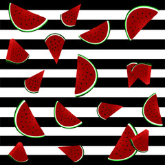 Vector illustration. Beautiful, colorful pattern with watermelons. Black and white striped background. 