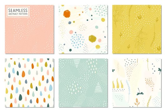 Seamless abstract patterns and prints set. Vector fashion illustration pastel colors.