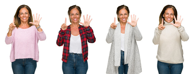 Collage of beautiful middle age woman wearing winter sweater over white isolated background showing and pointing up with fingers number six while smiling confident and happy.