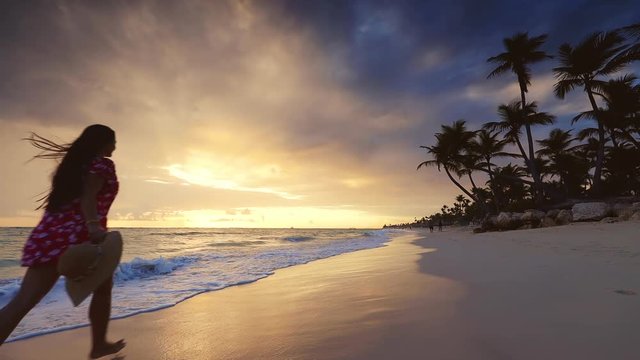 Sea sunrise and tropical beach on caribbean island. Punta Cana, Dominican Republic